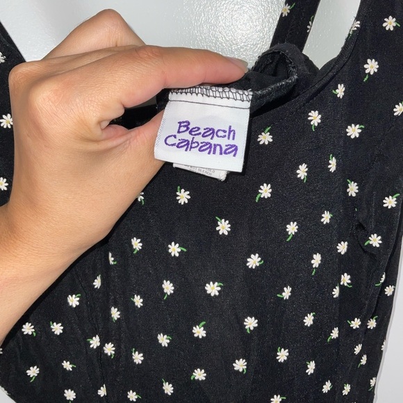Beach Cabana Vintage Tiny Daisy Print Black Romper One Piece Swimsuit | Size L - Picture 3 of 6